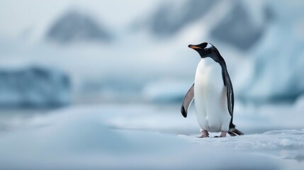 Obraz premium A lone emperor penguin braves the harsh Antarctic winds.