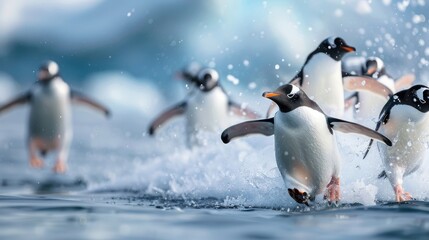 Obraz premium Adélie penguins slide down a snowy slope into the ocean.