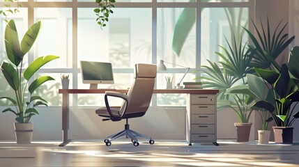 Modern Home Office with Plants and Sunlight