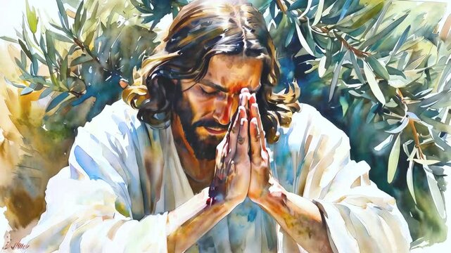 Jesus Christ praying in the Gethemane garden scene painting art animation  -- 4k stock video footage AI