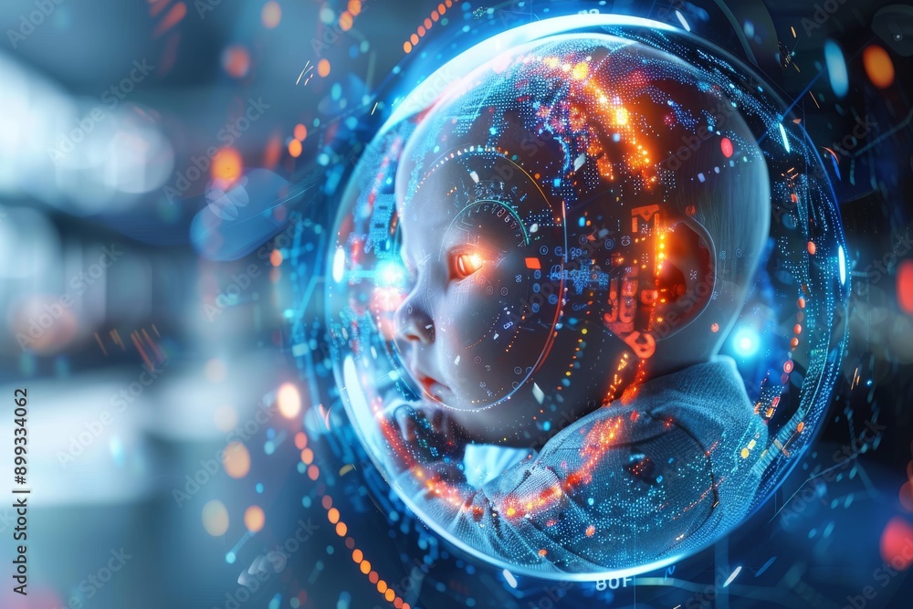 Poster futuristic depiction of a digital fetus in a glowing high tech environment symbolizing advanced tech