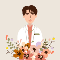 Male doctor with stethoscope with flowers illustration.