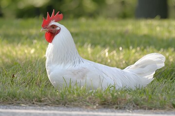 Fototapeta premium free range roster roaming in the yard with green grass