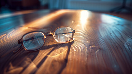 A pair of glasses lies on a wooden table, capturing a moment of stillness in a cozy, everyday setting. The wooden surface, with its natural grain and texture, contrasts with the sleek, modern desig.