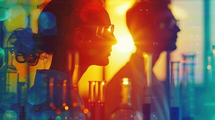 Silhouetted Scientists in Laboratory with Colorful Bokeh and Sunset Background