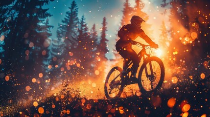 Obraz premium Mountain Biker Riding Through Forest at Sunset with Bokeh Light Effects and Dramatic Sky