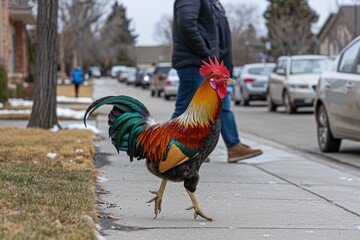 A rooster walking arbitrarily on the sidewalk stares at the camera.