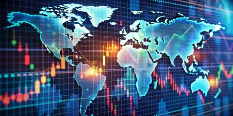 Obraz premium Vibrant digital screen displays global trade map with interactive charts and key contract clauses, ideal for in-depth trade analysis and market visualization.