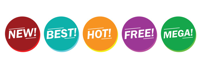 New, Best, Hot, Free, Mega Marketing text message tag set. Rounded Red, blue, yellow, purple, green speech bubble sale label badge with special offer. Vector illustration.
