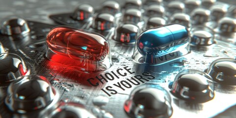 A blister pack containing a red pill and a blue pill, with the text "Choice is yours" printed beneath them. The scene highlights a concept of decision-making and options