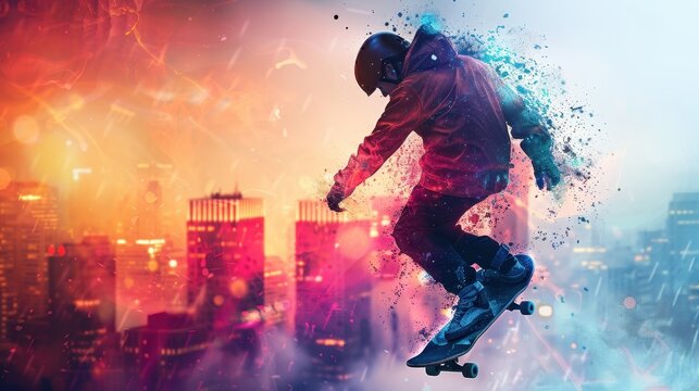 Dynamic Skateboarder Performing Tricks Against Vibrant Cityscape Background with Abstract Effects