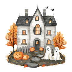 Cute haunted house with pumpkins and ghosts for Halloween. 