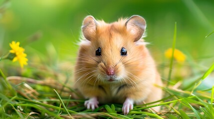 Curious Hamster in Natural Habitat - Close-up Portrait with Detailed Fur on Green Background