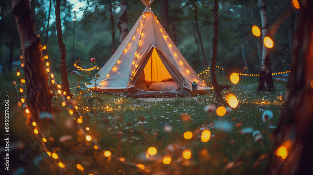 Poster cozy tent with string lights in forest at dusk..