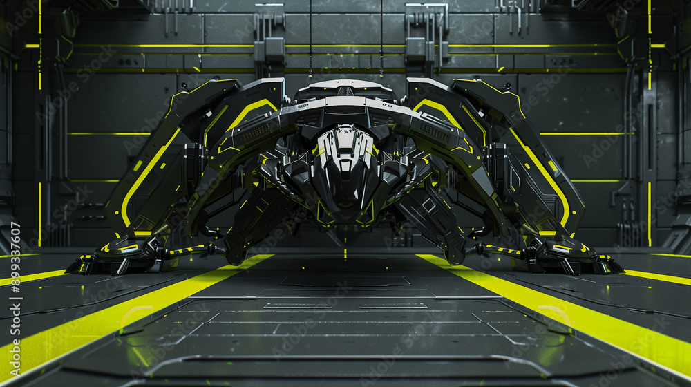 Poster high-tech spider robot in futuristic facility..