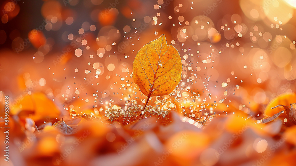 Poster glowing autumn leaf with sparkling dew in fall setting..