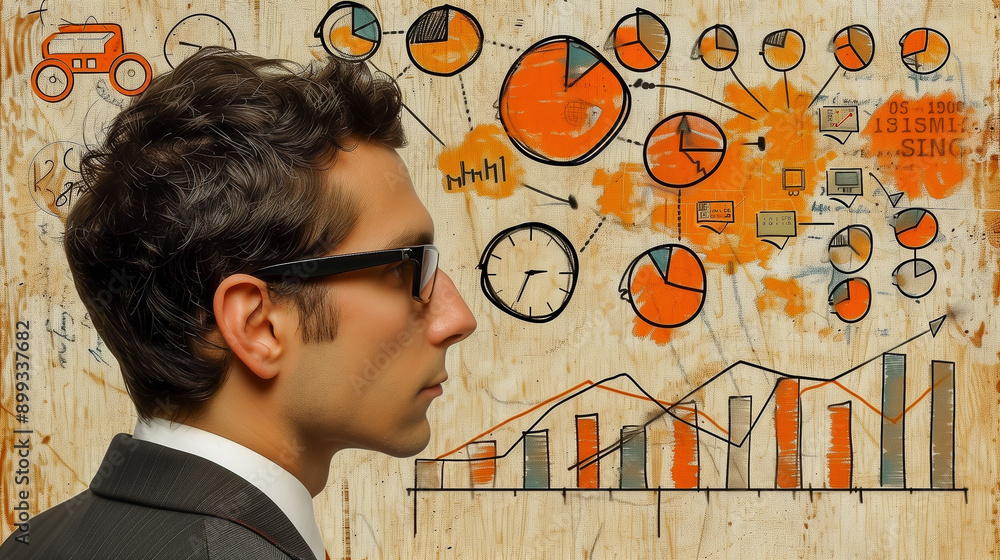 Poster businessman analyzing charts and graphs..