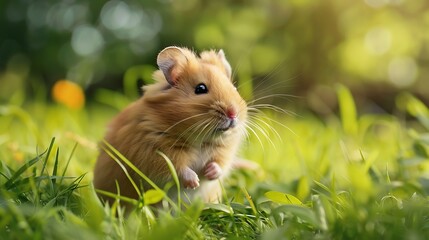 Curious Hamster Foraging in Lush Meadow with Exquisite Natural Colors and Detailed Fur Texture