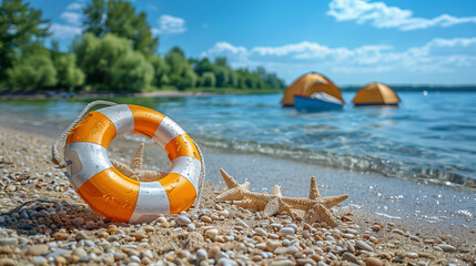 Obraz premium Beach Scene with Life Ring, Starfish, and Tents..