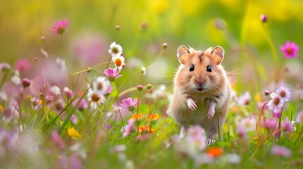 Fototapeta premium Curious Hamster Exploring Colorful Wildflowers with Vibrant Grace