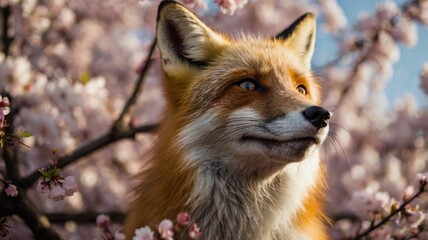 Close-up photo of serious red fox with a cherry blossom flower in the background