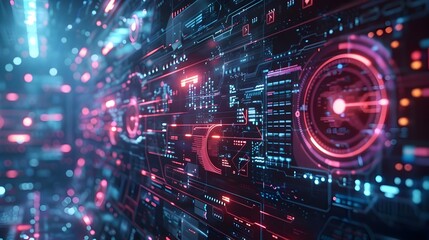 High Tech Digital Display with Holographic Elements and Interactive Interfaces Cyber Background Concept