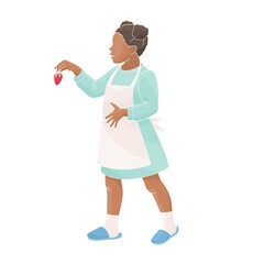 African American girl walks with a strawberries in her hands	