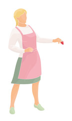 standing  woman in an apron with strawberries in hand