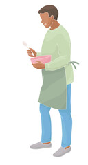 standing African American man in apron with bowl and spoon	