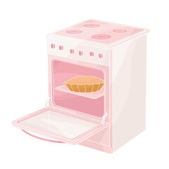kitchen stove with an open oven door and a cake in it	