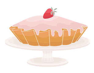 cake decorated with strawberries and frosting on a cake stand	