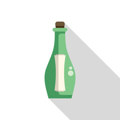 Green bottle containing message with cork floating on water with long shadow, ideal for adventure and travel concepts