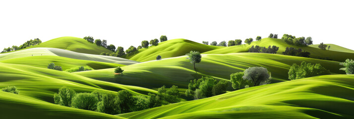 Green rolling hills with lush grass and gentle slopes, landscape isolated in a transparent background.  
