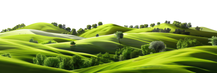 Green rolling hills with lush grass and gentle slopes, landscape isolated in a transparent background.  
