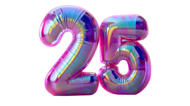 Holographic balloon numbers "25" with a shiny, iridescent surface. The design is colorful with reflective, vibrant hues. Transparent background.