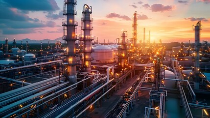 Fototapeta premium Modern Oil Refinery with Advanced Safety Protocols Clean and Organized Industrial Complex at Sunset