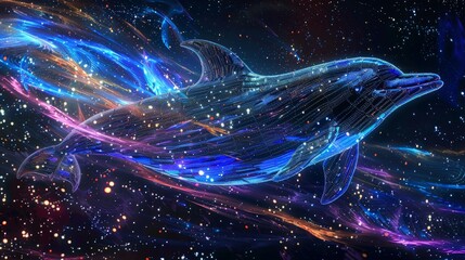 Obraz premium new age visionary cosmic dolphin time travelling pixelated sound waves