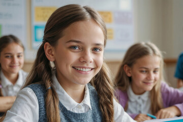 Obraz premium Happy schoolgirl with long hair is smiling at the camera. She is wearing a blue sweater and a white shirt