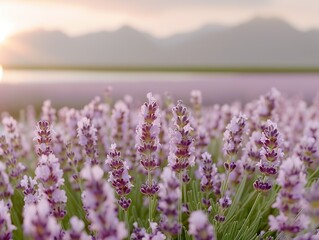 A vast lavender field at sunset, with mountains in the background