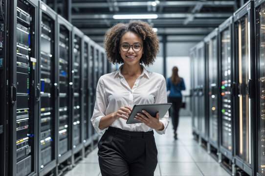 Portrait of happy African American IT specialist woman between row of operational server