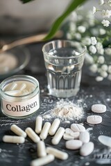 collagen powder and capsules on the table. Selective focus.