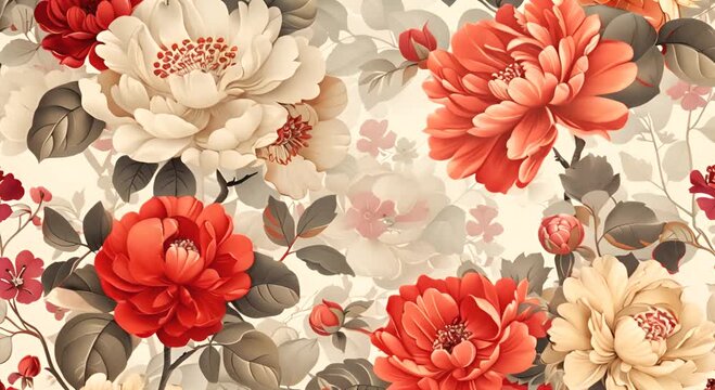 A flowery pattern with red and white flowers. The flowers are arranged in a way that creates a sense of movement and depth. Scene is one of beauty and serenity