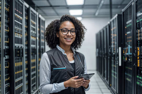 African American woman IT specialist with curly hair and glasses is smiling and holding a tablet. She is standing in a room full of servers