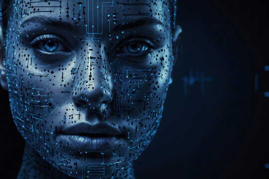 A woman's face is made of computer chips and wires. The image conveys a futuristic and technological vibe, with the woman's face appearing almost robotic. The blue color of the face