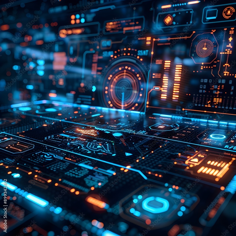 Poster high tech interactive holographic interface with futuristic digital cyber background