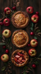 Fototapeta premium Three pies with apples on a table