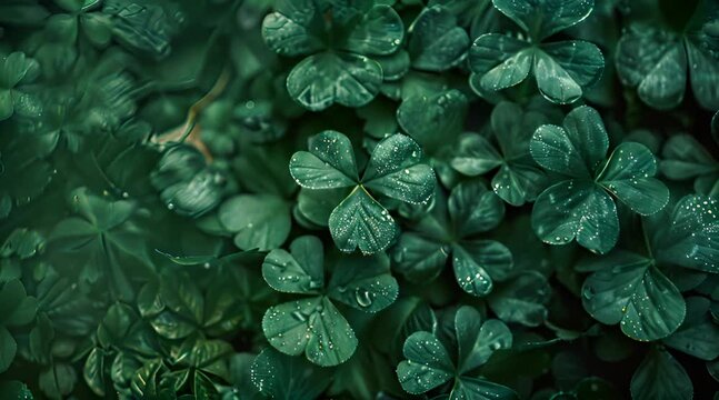 A close up of green leaves with a few drops of water on them. The leaves are arranged in a way that they resemble a clover