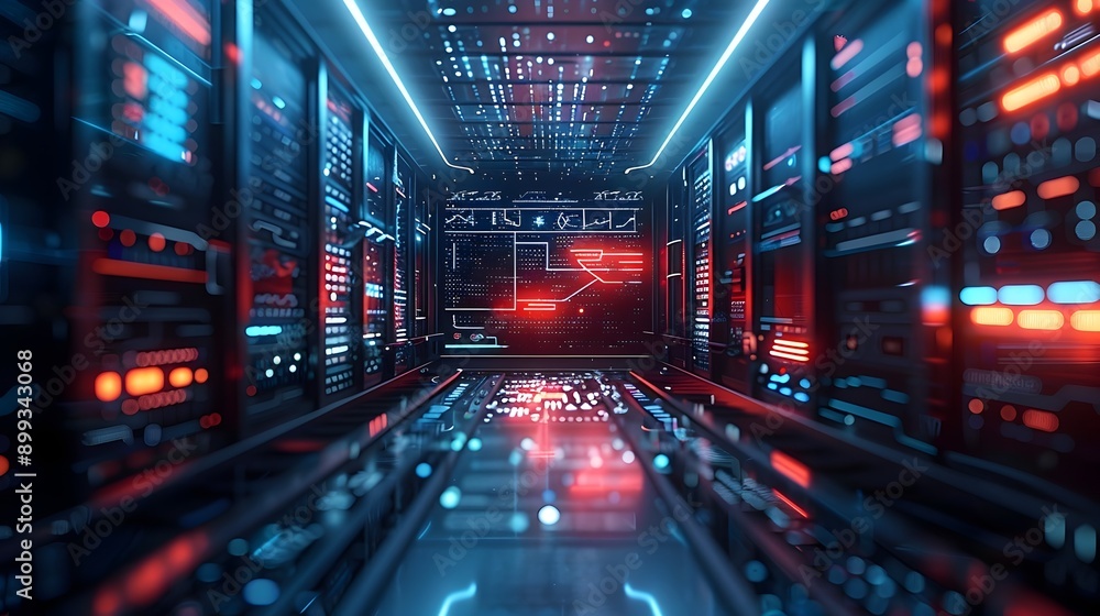 Poster high tech digital hub with holographic screens and data streams cyber background concept