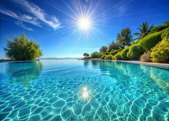Obraz premium Serenity abounds in a tranquil swimming pool scene with crystal-clear blue water and gentle ripples, inviting relaxation and calmness under the warm sun.
