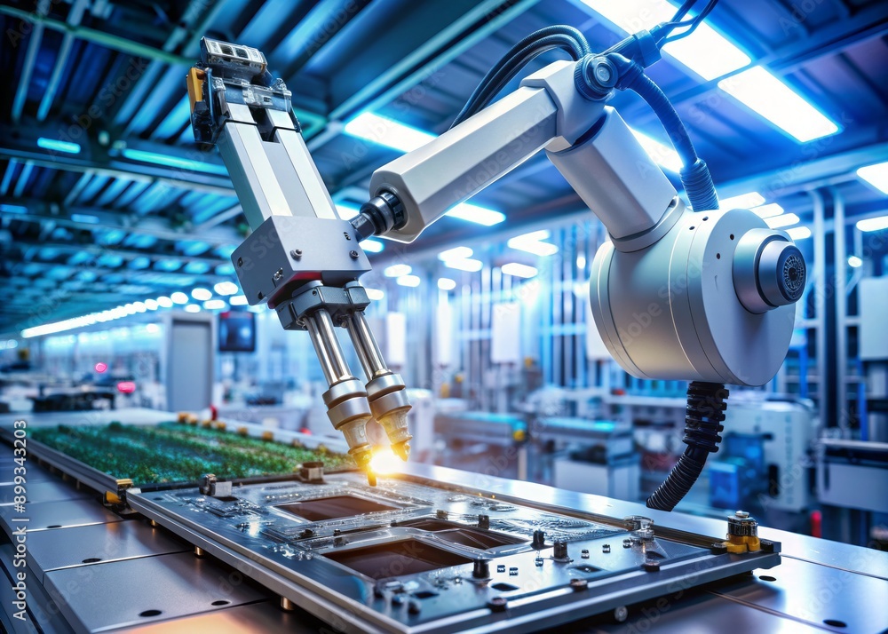 Poster robotic arm assembling electronic components on a circuit board in a clean room environment. generat